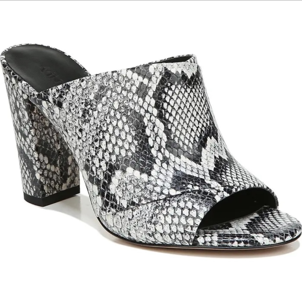 Vince Heath snake print leather block heel mules